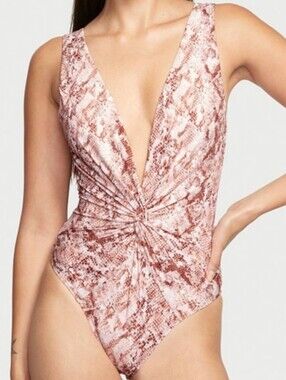 Victoria's Secret Pink and Brown Snake-Print Twist Front One-Piece Swimsuit